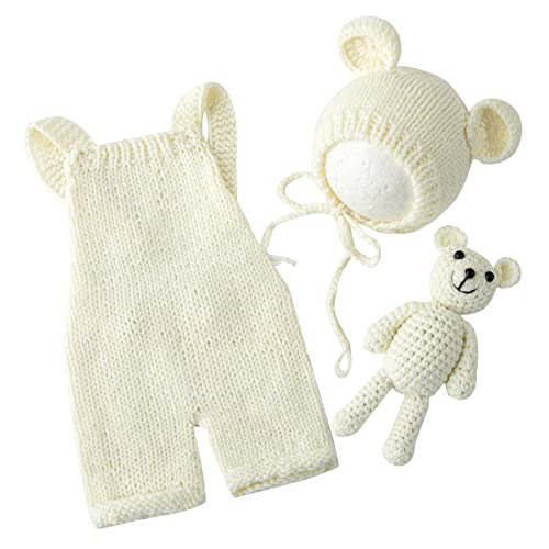 Newborn Photography Props Boys Girls Outfits Baby Photo Props Knit Bear Hat Romper Photoshoot Costume Set - color: Ivory
