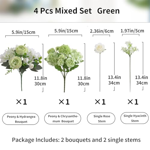 4 Pcs Mixed Artificial Peony Flowers Set-2 Bouquets & 2 Stems, Green Fake Peony Rose Hydrangea Flower for Vase Silk Floral Arrangements for Table Centerpiece Wedding Party Bridal Decoration Home Decor - color: Green, size: Mixed 4pcs