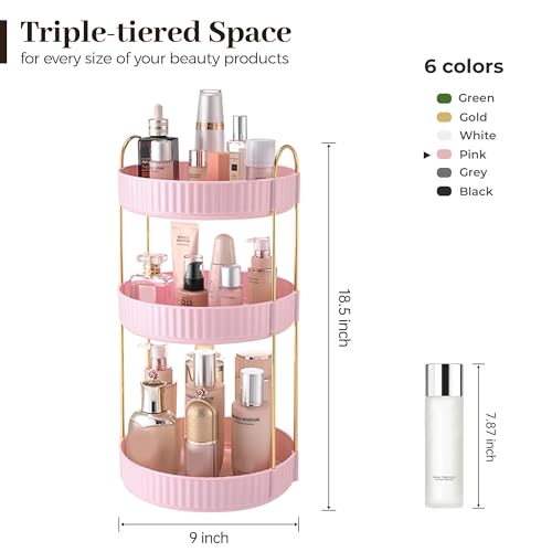 Aveniee 360 Rotating Makeup Organizer for Vanity, Skincare Perfume Organizers Large, Spinning Bathroom Counter Shelf Holder for Cosmetics, Skin Care, Lipsticks,3 Tiers, Pink - color: Cream Pink, size: Standard-3 Tier