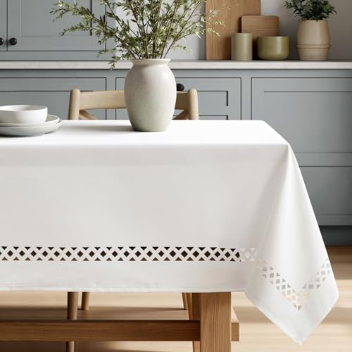 MIULEE White Rectangle Linen Polyester Tablecloth with Decorative Cutouts Spring Waterproof Stain Resistant & Shrink-Proof Table Cloth 60x84 inch Farmhouse Style for Dining and Outdoor Picnics - color: White, size: 84" x 60" (Rectangular)