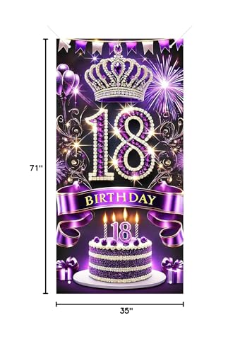 HOMETITUTE 18th Birthday Door Cover 71x35 Inch Purple Diamond Birthday Banner for Party Decorations Crown Cake Gift Backdrop Sign for Girls Women Photo Booth Prop Wall Decor - color: Purple Cake 18