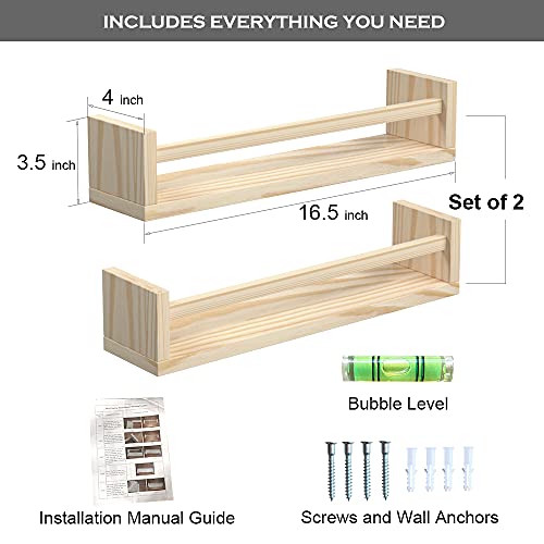 Classic Nursery Shelves, Set of 2 Natural Wood Floating Book Shelves for Kids Room, Wall Shelves for Bathroom Decor, Kitchen Spice Rack, Book Shelf Organizer for Baby Nursery Décor (16.5Lx4W) - color: Light Brown, size: 16.5Lx4W