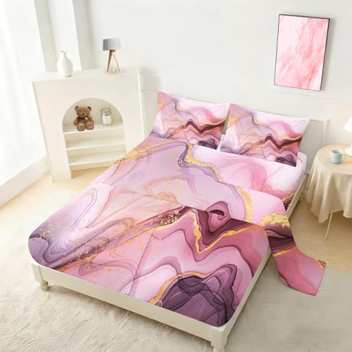 Pink Marble Sheets Set Full for Girls Elegant Pink and Gold Bedding Set with Deep Pocket Abstract Bed Set with 1 Fitted Sheet 1 Flat Sheet and 2 Pillowcases - color: Marble Pink-a, size: Full