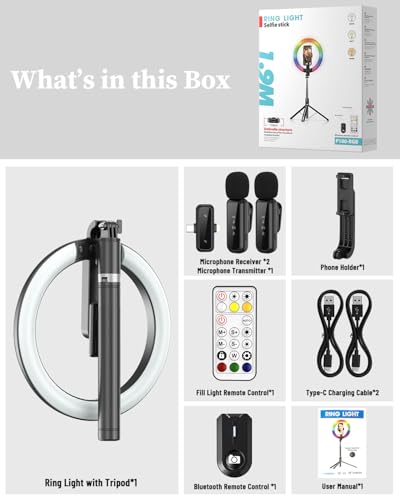 Vlogging Kit for iPhone/Android, 10” Ring Light with Stand, 74” Tripod for iPhone with Light, Microphone, YouTube Starter Kit for TikTok Content Creator