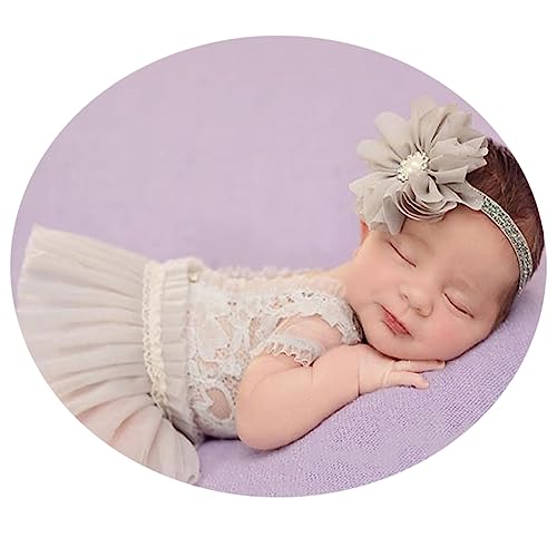 Baby Photography Props Outfit Lace Rompers Newborn Girl Photo Shoot Outfits Flower Headband Princess Costume - color: Grey B