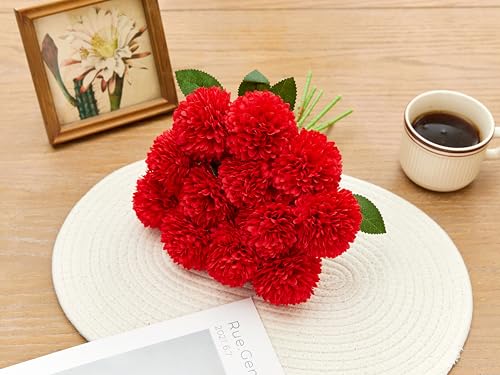 SITUMEIZI 12 Pcs Red Flowers Artificial Chrysanthemums Ball Flower Fake Mums Silk for Spring Wedding Home Kitchen Christmas Decoration Floral Arrangement Table Centerpiece - color: Red, size: 12 Pieces