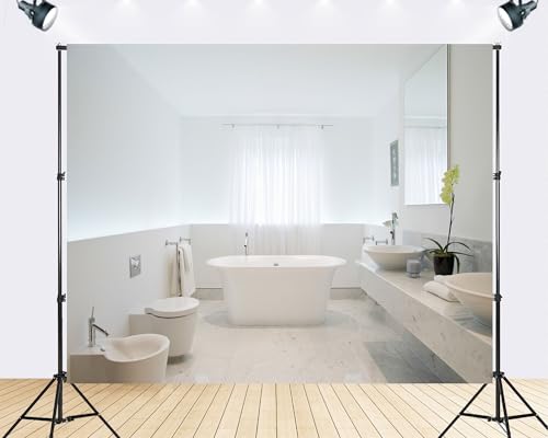 Trykid 12x8ft Bright White Marble Bathroom Freestanding Tub Backdrop Minimalist Spa Bathroom Photography Background Clean Modern Bath Space Party Decoration Tapestry Photo Booth Prop Fabric - size: 12x8ft