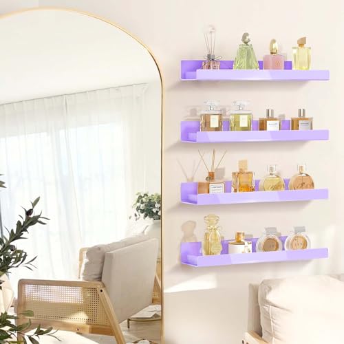 4 Pack 15 Inch Purple Acrylic Shelves, Kids Floating Bookshelf for Kids Room, Modern Nail Polish Rack Sunglasses Essential Oil Picture Ledge Display Toy Storage Wall Shelf - color: 15in-purple