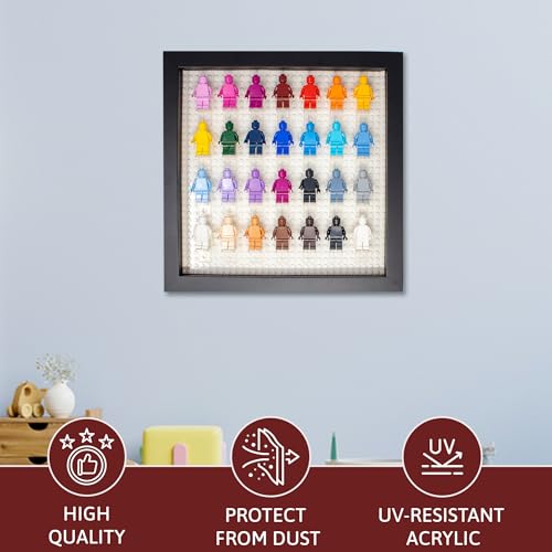 Figurine Display Case 10x10 Black Shadow Box for Miniature Figures 10x10 Black Wood Shadow Box with White Base to Display Up to 28 Block Figures - color: Black With White Backing, size: 10x10
