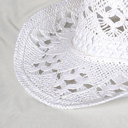 Straw Cowboy Hats Ventilated Hollow Round Foldable Sun Hats for Women Summer Western Cowgirl Beach Hat Photo Prop - color: White