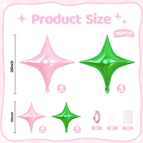 Green Pink Star Balloons, 16 PCS Green Four Angle Star Foil Balloons, 26 Inch and 10 Inch Pink Stars Shaped Balloon for Graduation Birthday Baby Shower Anniversary Engagement Party Decorations - color: Green Pink