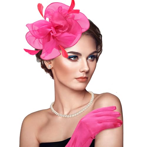 Fascinators Hats with Gloves Set for Women 20s 50s Cocktail Tea Party Wedding Costume Headwear - color: 03-rose Red