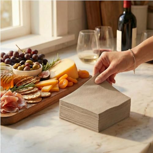 AH AMERICAN HOMESTEAD Paper Cocktail Napkins - Linen-Like Disposable Beverage Bar Napkins 4.75" x 4.75" - Bulk Square Napkins - Ideal for Party or Wedding (Light Brown -100 Count) - color: Light Brown, size: 4.75 x 4.75