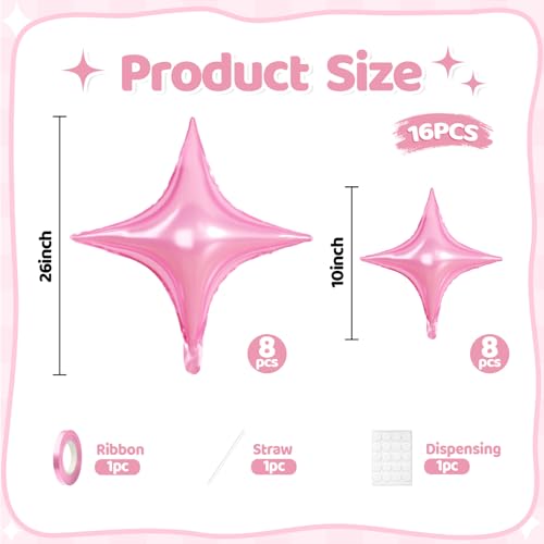 Pink Star Balloons, 16 PCS Four Angle Star Foil Balloons, 26 Inch and 10 Inch Pink Stars Shaped Balloon for Graduation Birthday Baby Shower Anniversary Valentine's Day Engagement Party Decorations - color: Pink