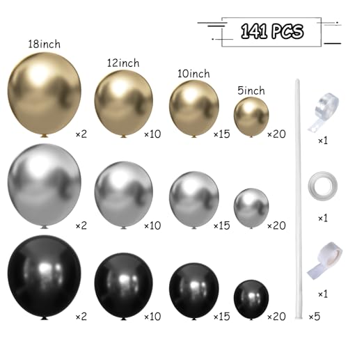 MEBAY Black Gold Silver Balloons Garland Arch Kit, 141Pcs Latex Balloons Different Sizes 18 12 10 5 Inch for Party Decorations, Wedding Backdrop, Birthday, Baby Shower, Graduation - color: 141-black-gold-silver