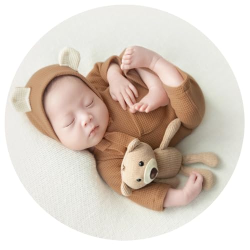 Newborn Baby Photo Shoot Props Girl Boy Crochet Knit Hat Costume Stripe Hat Pants Overalls Photography Props - color: Camel