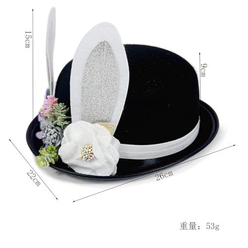 Cute Easter Bunny Ear Top Hat for Adults Rabbit Ears Cosplay Bucket Hat with Artificial Flower Costume Accessory - color: Black