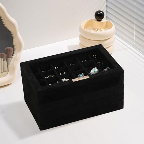 Frebeauty Earring Holder Stackable Jewelry Trays,Velvet Drawer Jewelry Organizer with Glass Lid, 5 in 1 Jewelry Box for Earrings Rings Studs,10.5 x 6.5 x 5.55 Inches Gift for Women (Black) - color: Black, size: Set5-b