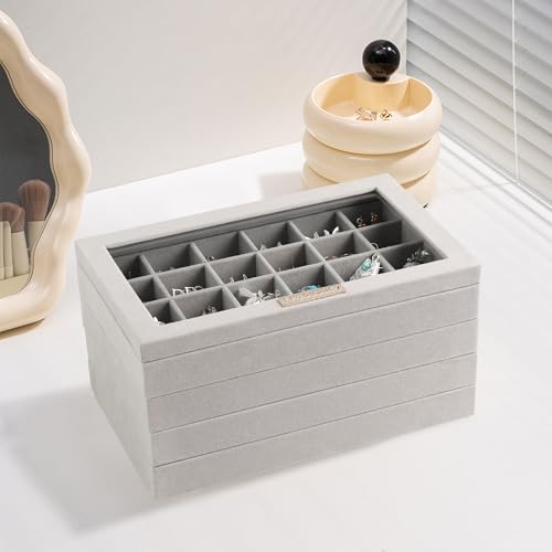 Frebeauty Stackable Jewelry Trays, Velvet Drawer Jewelry Organizer with Glass Lid,5 in 1 Multi-Functional Jewelry Storage for Earrings Necklaces Rings, 10.5 x 6.5 x 5.55 Inches Gift for Women(Grey) - color: Grey, size: Set5-a