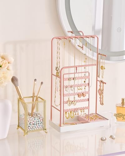 ProCase Jewelry Stand Holder Organizer, Jewelry Display Storage with Ring Tray, Rotating Earring Bracelet Necklace Holder, Valentine's Gifts Room Dorm Decor for Teen Girls -Rosegold (No-Assembly) - color: Rosegold