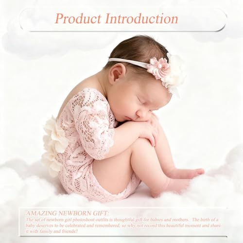 Newborn Photography Outfits, Cute Baby Lace Ribbon Rompers with Headband for Infant Photography Props - color: Light Pink
