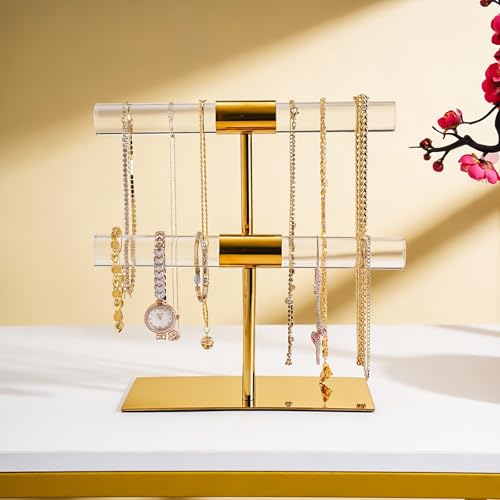 Display Stand Acrylic Jewelry Towers - Stainless Steel Long Necklaces Stand 2-Tier Crystal Tabletop Jewelry Organizer Home Decor for Store Boutique Vendors