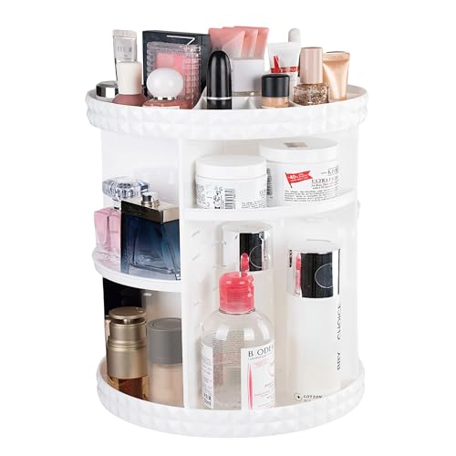 V-HANVER 360 Rotating Makeup Organizer Perfume Organizer White Cosmetic Storage Display Case Large Capacity Acrylic Beauty Holder Adjustable Partition Height for Bedroom Dresser or Bathroom Vanity - color: White