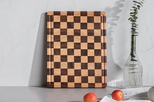 THETCHRY Cutting Boards for Kitchen, Checkered Cutting Board End Grain, Acacia Wooden Chopping Board with Juice Groove & Handle, Serving Tray for Meat, Bread & Fruit, 14"L x 11"W x 0.8"Th - size: 14"L x 11"W