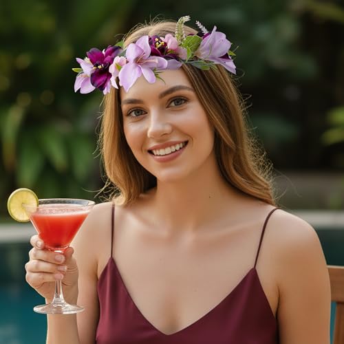 Hawaiian Flower Hair Accessories, Purple Hawaii Flower Crown, Artificial Tropical Floral Headpiece, Lei Hula Costume Hair Accessories for Women Girls Beach Vacatio Party Decorations Supplies - color: Purple