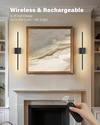 SAIMAND Wall Sconces Set of 2 Battery Operated, Wireless USB 8000mAh Rechargeable Wall Lights with Remote Control,3000K-6000K LED Dimmable Decor Lamp for Living Room,Bedroom,Hallway (27in Black) - color: 2Pack-Black