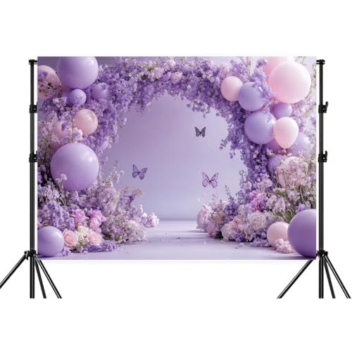 7x5ft Purple Butterfly Floral Backdrop Lavender Backdrops Flower Butterfly Balloon Photography Background for Girls Birthday Party Princess Weeding Bridal Baby Shower Backdrop Photo Shoot Props - color: Purple Pink-02, size: 7X5FT