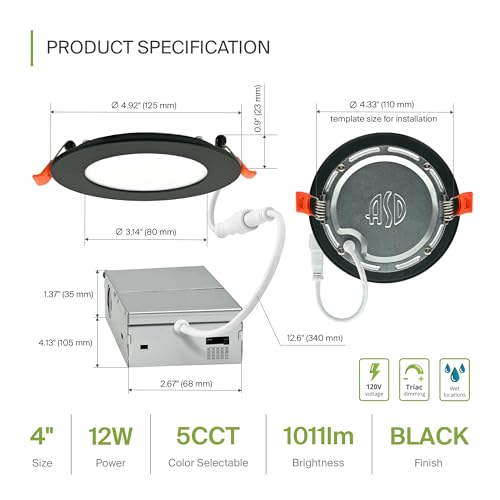 ASD 6 Pack LED Recessed Lighting 4 Inch 12W, 5 CCT 2700K-5000K CRI90+, IC Rated Ultra Thin Dimmable Ceiling Lights with J Box, Canless Wafer Downlight, Round Slim Panel Light, Energy Star ETL, Black - color: Black, size: 4 Inch 6 Pack