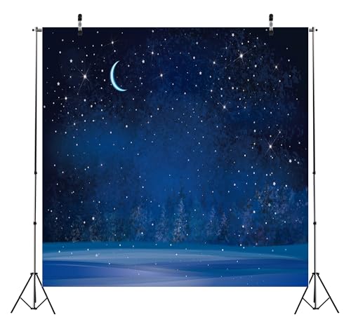 BELECO 10x10ft Fabric Winter Wonderland Night Snowfall Backdrop Blue Starry Sky Moon Stars Snowflakes Fir Trees Pine Forest Snow Scene Background Christmas New Year Party Decoration Photo Studio Props - size: 10x10FT