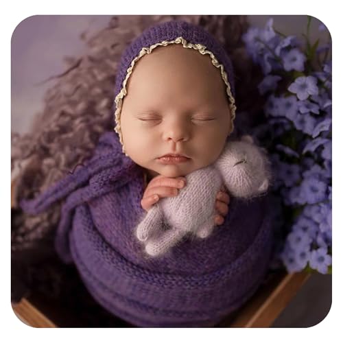 Coberllus Newborn Baby Photography Props Wrap Knitted Blanket Swaddle & lace Edge Bonnet for Boys Girls Photo Shoot Wrap Prop (Dark Purple) - color: Dark Purple