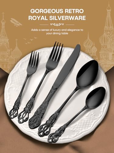 Stapava 40 Pcs Black Silverware Set, Gorgeous Retro Royal Silverware Set for 8, Stainless Steel Mirror Flatware Cutlery Set, Include Forks Spoons and Knives set, Dishwasher Safe Utensils - style: Retro Royal Black