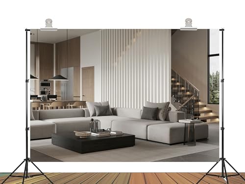 7x5ft Fabric Modern Minimalist Living Room Backdrop Neutral Tone Combination Sofa, Dark Wood Coffee Table and Open Kitchen for Video Photo Shoot Props - size: 7X5ft
