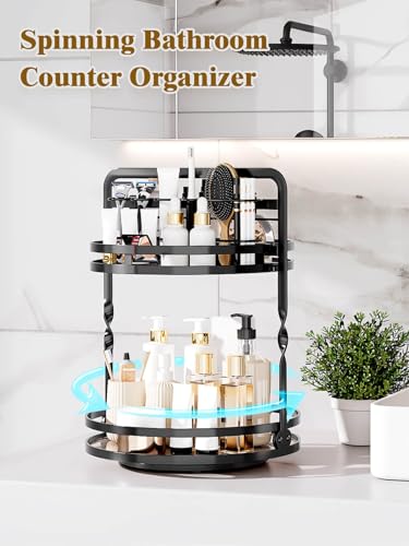 Rotating Makeup Vanity Organizer, 360 Spinning Perfume Organizer for Dresser, 2 Tier Bathroom Countertop Organizer, Black Lazy Susan Skincare Storage, Cosmetic Display Case with Brush Holder - color: Upgraded -Black