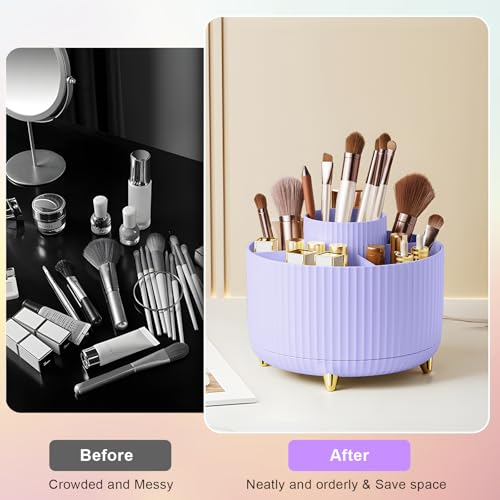Diesisa Makeup Brush Holder Organizer,360° Rotating Makeup Brush Organizer,5 Slot Make up Brushes Cup for Cosmetics, Nail Polish, Art Supply, Bathroom Vanity Desktop Organizer - Purple - color: Purple