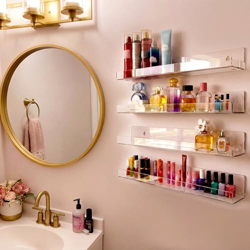 4 Pack 15 Inch Clear Acrylic Shelves, Clear Kids Floating Bookshelf for Kids Room, Modern Nail Polish Rack Sunglasses Essential Oil Picture Ledge Display Toy Storage Wall Shelf - color: 15in-clear