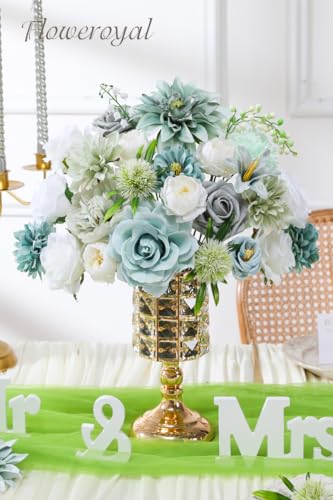 Floweroyal Artificial Flowers Combo Teal Blue Flowers Mix Silk Flowers Dahlia Roses with Stems for DIY Wedding Bridal Bouquets, Baby Shower, Floral Arrangement, Table Centerpieces, Home Decorations. - color: Teal Blue