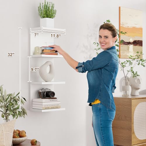 Fun Memories 4 Tier Wall Shelf Unit, Vertical Floating Shelf, Wall Mount Lack Shelving Home Decor Organizer Tall Tower Design Utility Shelving for Bedroom Living Room, White - color: Modern White, size: 4 Tier - Large - 1P | 32"Height