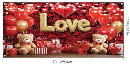 6X8ft Valentine's Day Garage Door Cover Background Love Heart Balloon Red Rose Flower Bear Photography Background Decoration Wedding Bridal Shower Anniversary Party Decoration Banner Cover - color: Red3, size: 6X8
