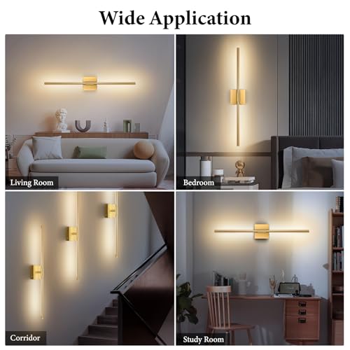 SAIMAND Wall Sconces Set of Two Battery Operated, Wireless USB Rechargeable Wall Lights with Remote, 8000mAh Dimmable LED 3 Color Dimmable Living Room for Bedroom,Hallway,Picture Lamp(30in Gold) - color: Gold