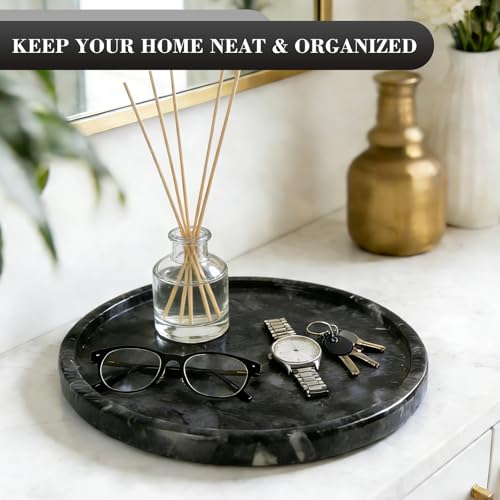 Natural Round Marble Tray - 7.8" Marble Vanity Tray for Dresser, Bathroom, Decorative Jewelry Dish for Perfumes Rings Earrings Necklaces, Stone Tray for Home Décor, Black - color: Black