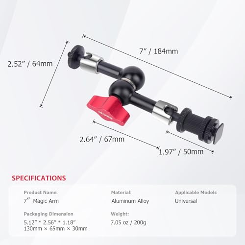 7" Cold Shoe Magic Arm with 360° Ball Joint & 1/4" Screw, Adjustable Stainless Steel Friction Arm for Camera Cage LED Light Microphone Monitor – DSLR Vlog Photography-87001 - size: 7" Magic Arm