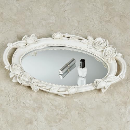 Elegant Rose Melody Mirrored Oval Vanity Tray | Handpainted Rose Flowers Florals Bloom Blossoms Vines | Antique White | Charming Sophisticated