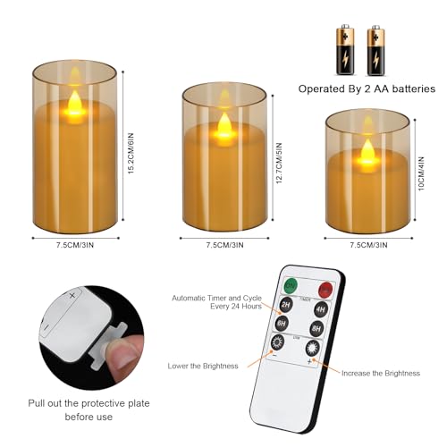 wemarry Flameless Candles 4" 5" 6" Acrylic Glass Pillars 3" Diameter Battery Operated Flickering Candles Include 8-Key Remote with Timer Function 400+ Hours (Gray, Warm Light 9 Pack) - color: Amber, size: Warm Light 9 Pack