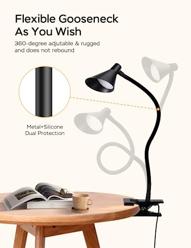 LiFMIRA Clip on Light USB Reading Light 3 Color Modes 10 Brightness Levels Eye Care Clamp Light Flexible Gooseneck Dimmable Reading Lamp Clip on Lamp for Bed Headboard Desk Bedside Dorm (Black) - color: Black