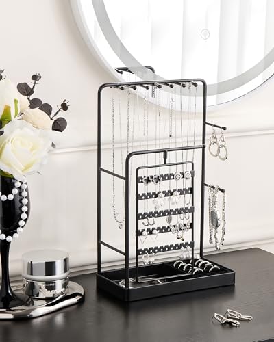 ProCase Jewelry Stand Holder Organizer, Jewelry Display Storage with Ring Tray, Rotating Earring Bracelet Necklace Holder, Valentine's Gifts Room Dorm Decor for Teen Girls -Black (No-Assembly) - color: Black
