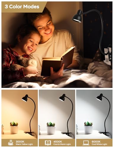 LiFMIRA Clip-on Reading Light - 3 Color Modes, 10 Dimmable Brightness, Eye Care Clamp Desk Lamp with Flexible Gooseneck for Reading in Bed, Desk, Headboard, Computer - color: Black